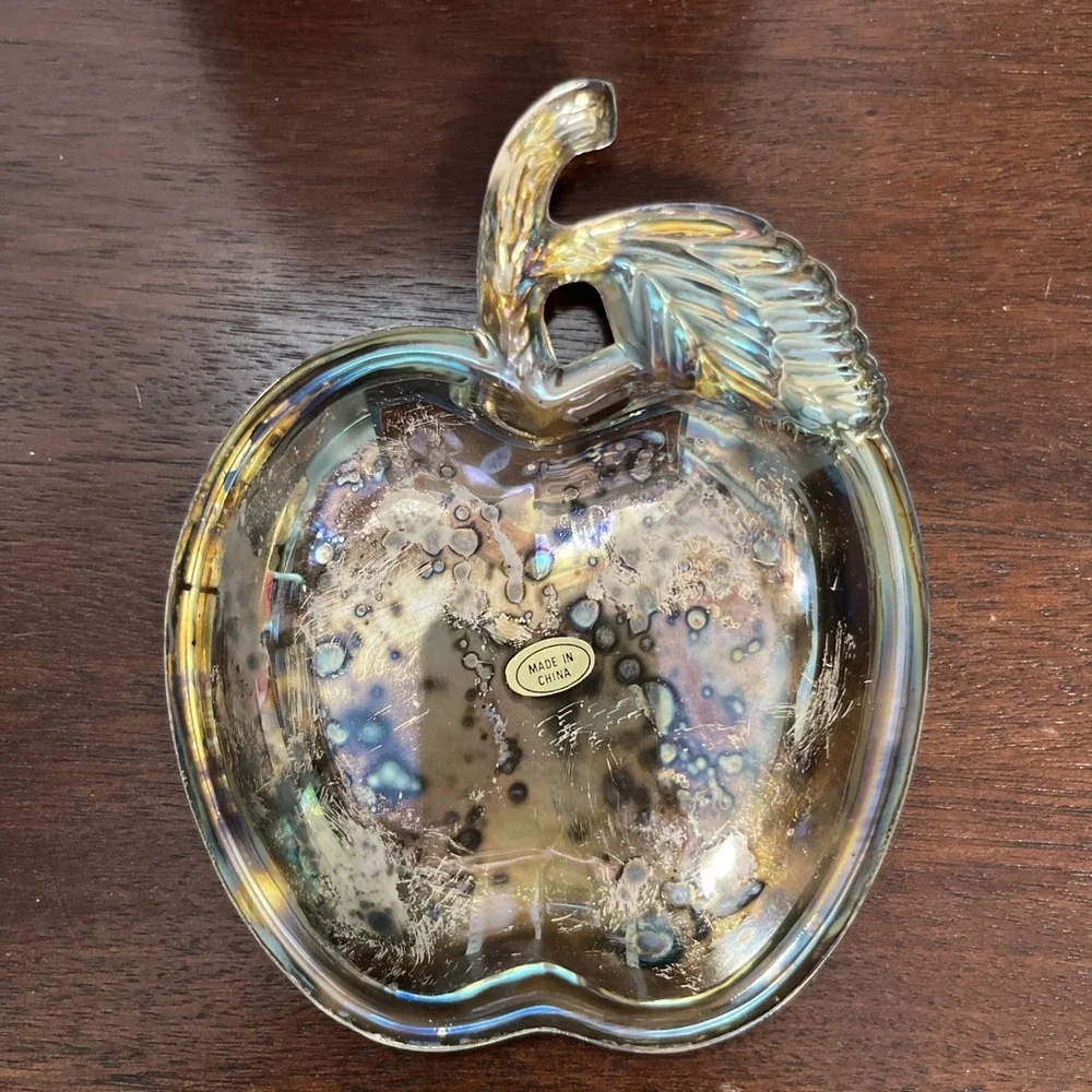 Vintage Crystal Clear Silver Studios Silver Plated Apple Dish with Original Box